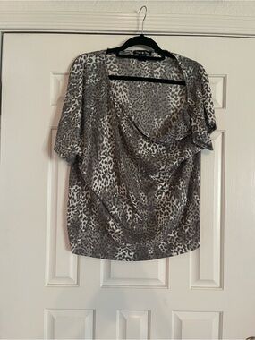Twisted Tees Gray Leopard Print , off shoulder draped Women's Top